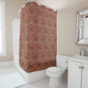 Rideaux De Douche Broderie folle Jaune, Vert, Noir sur Rouge profond