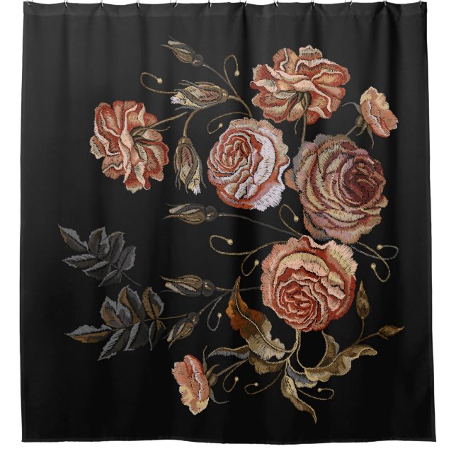 Rideaux De Douche Broderie vintage : roses sur noir.