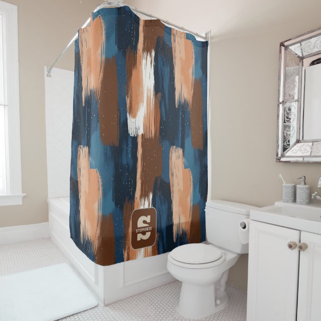 Rideaux De Douche Brosses Abstraites en bleu, blanc et Brown (En situation)
