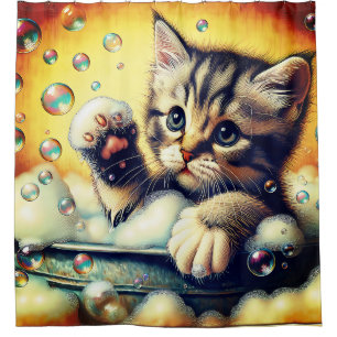 Rideaux De Douche "Bubble Bath Kitten - Whimsical Bath Time Art"