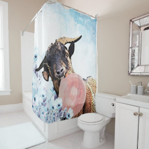 Rideaux De Douche Bubblegum Aquarelle Chèvre bleu floral GetYerGoat™