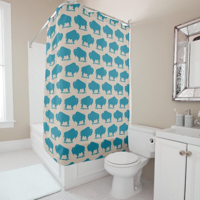 Rideaux De Douche Buffalo du sud-ouest Motif Turquoise & Beige (En situation)