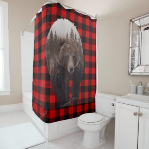 Rideaux De Douche Buffalo Plaid Ours Brown Cabine Rustique