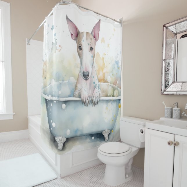 Rideaux De Douche Bull Terrier Dans Baignoire Aquarelle Chien Art (En situation)