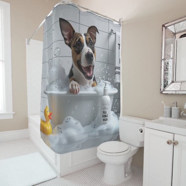 Rideaux De Douche Bull Terrier Débraillé Endormi Mignon Drôle  (En situation)