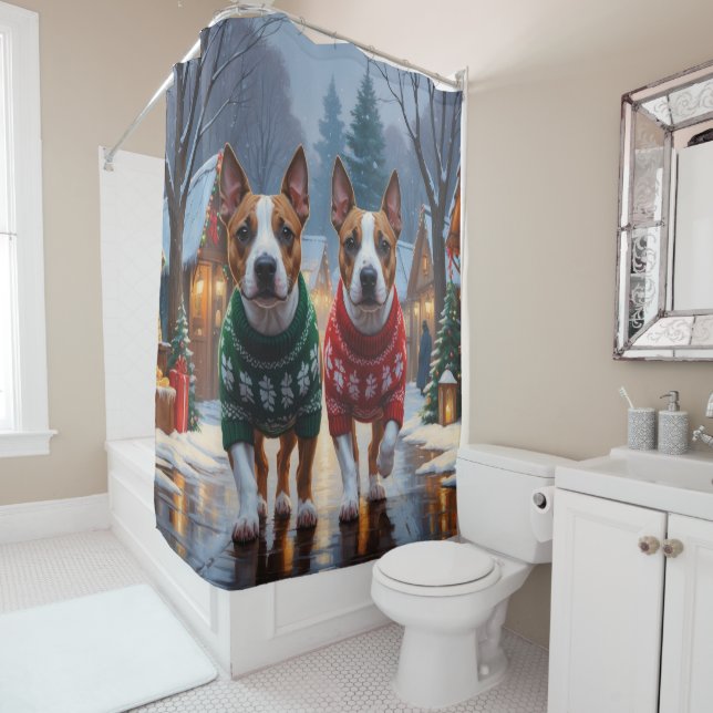 Rideaux De Douche Bull Terrier Dogs Christmas Snow Holiday (En situation)