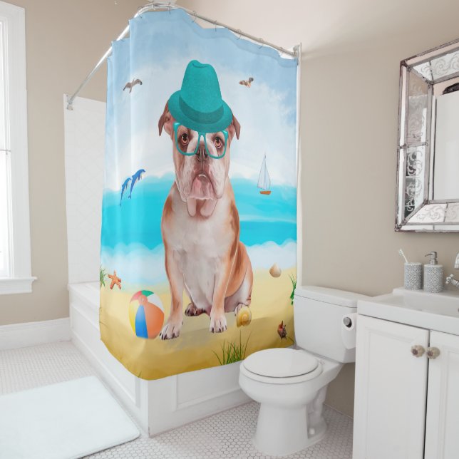 Rideaux De Douche Bulldog anglais sur la plage (En situation)