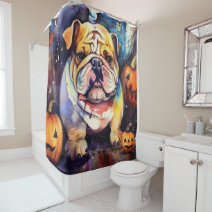 Rideaux De Douche Bulldog d'Halloween avec citrouilles effrayant