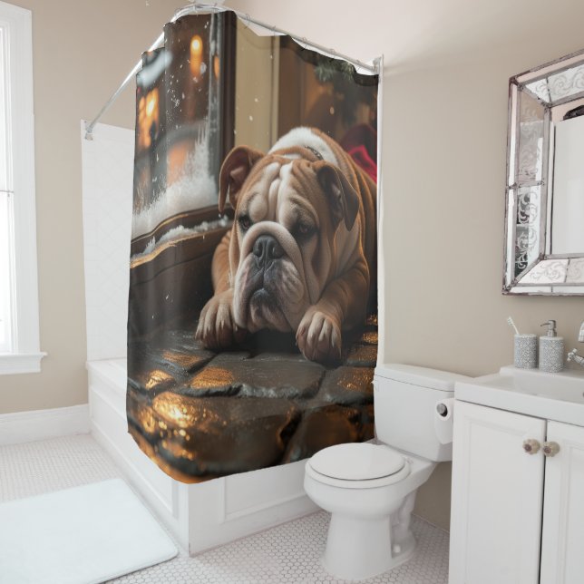 Rideaux De Douche Bulldog with Christmas Lights Holiday (En situation)