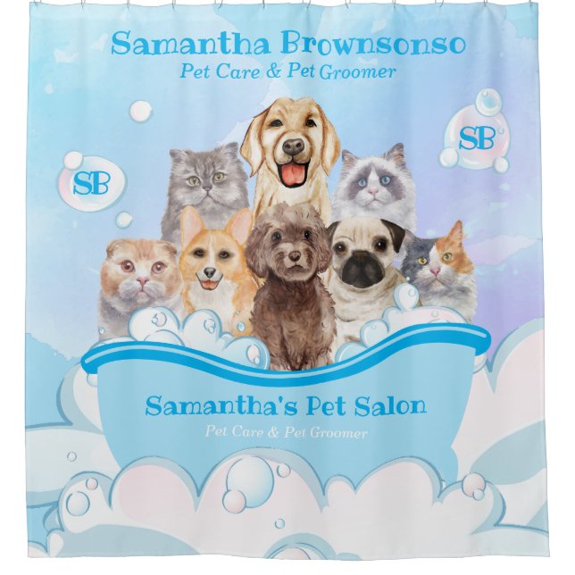 Rideaux De Douche Bulles Bleues Chiens Chats Spa Baignoire Bleue Ani (Devant)