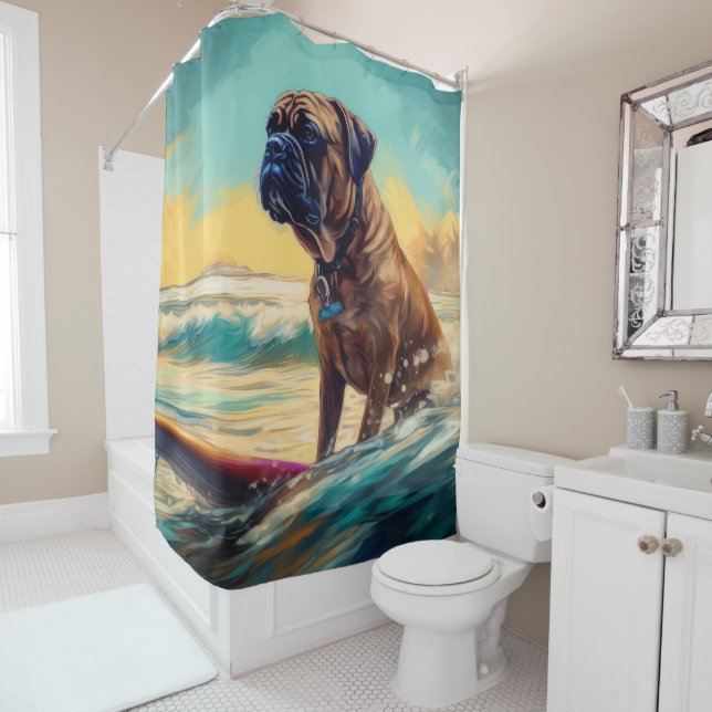 Rideaux De Douche Bullmastiff Beach Surfing Peinture (En situation)