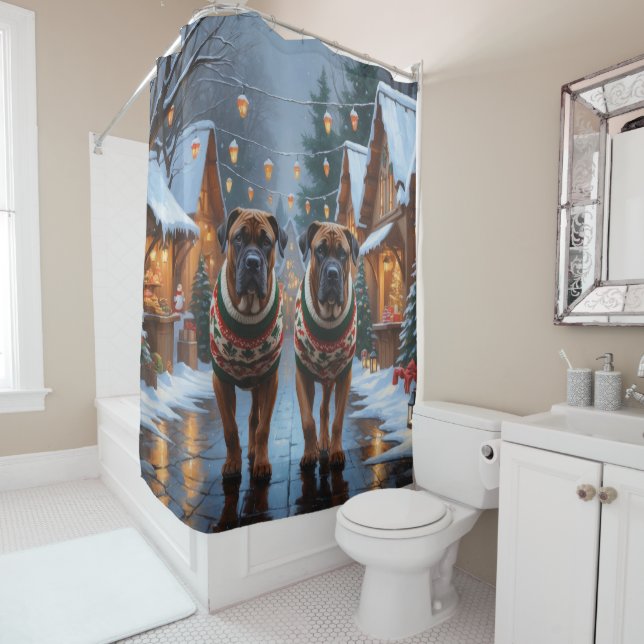 Rideaux De Douche Bullmastiff Dogs Christmas Snow Holiday  (En situation)