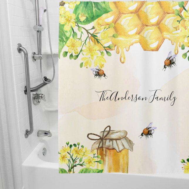 Rideaux De Douche Bumble abeilles miel fleurons jaunes monogramme (Créateur téléchargé)