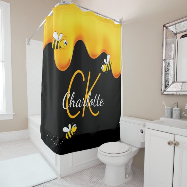 Rideaux De Douche Bumble abeilles miel goutte de monogramme noir or  (En situation)