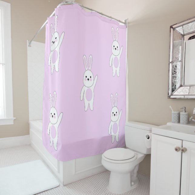 Rideaux De Douche Bunny. Blanc et rose (En situation)