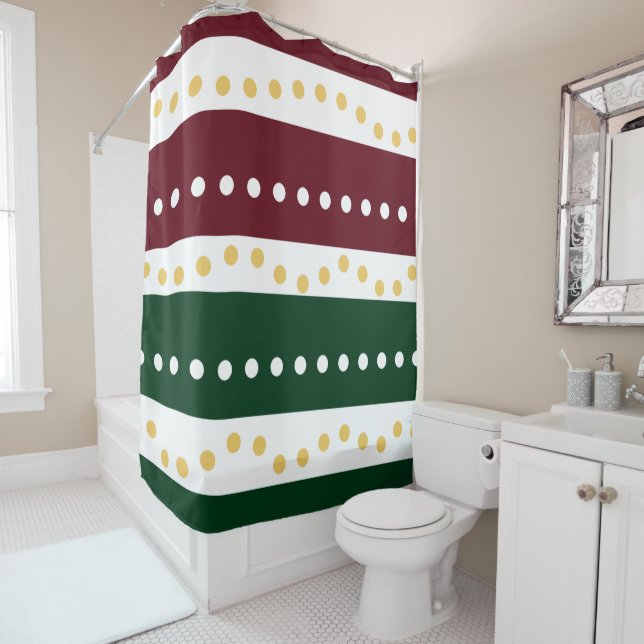 Rideaux De Douche Burgundy and Emerald Stripes Polka Dots Christmas  (En situation)