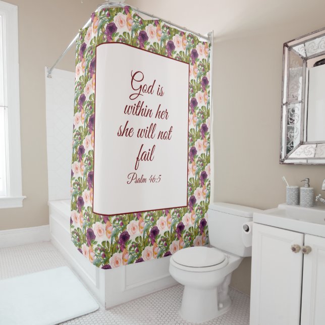 Rideaux De Douche Burgundy Blush rose Floral Bible chrétienne Verse (En situation)
