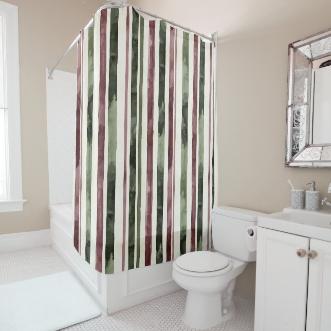 Rideaux De Douche Burgundy Red Green Cream Stripes Christmas (En situation)