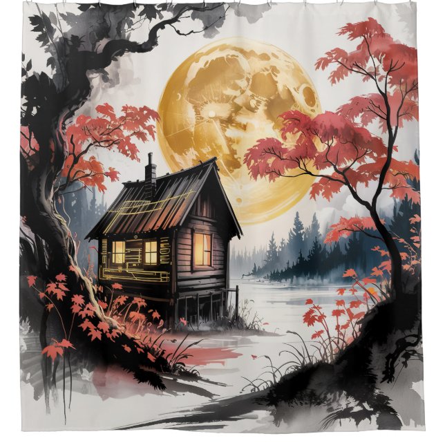 Rideaux De Douche Cabane au clair de lune Forêt japonaise Art (7) (Devant)