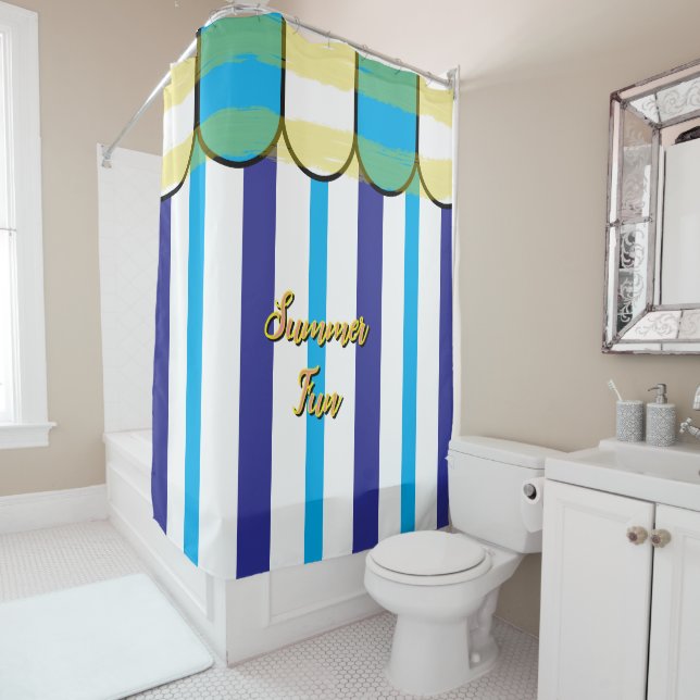 Rideaux De Douche Cabane d'été bleu blanc jaune rayures (En situation)