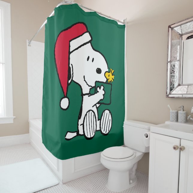 Rideaux De Douche cacahuètes | Snoopy Père Noël & Woodstock Cadeau (En situation)