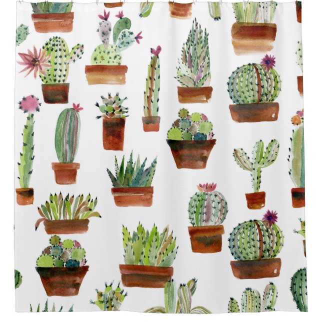 Rideaux De Douche Cactus Charme : Aquarelle Texture Succulente. (Devant)