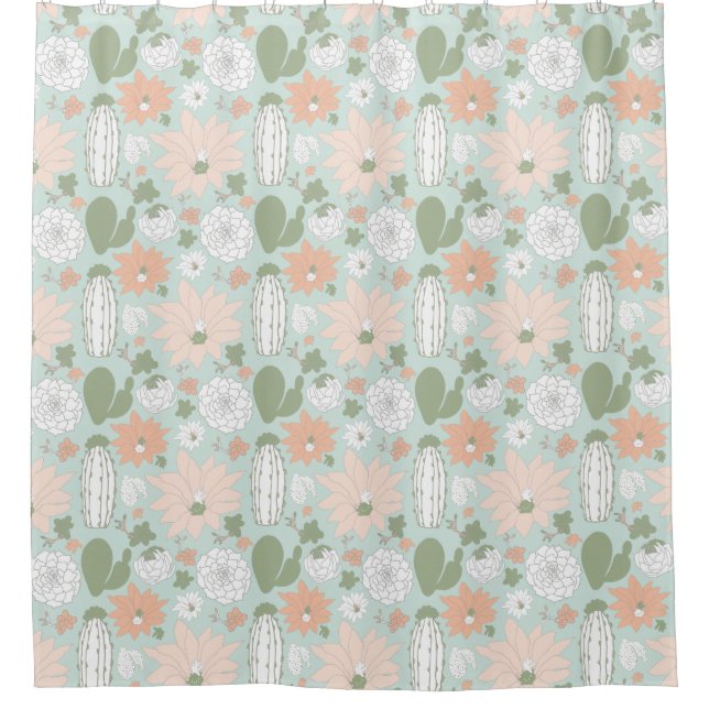 Rideaux De Douche Cactus Peach Green Succulents Floral Print (Devant)