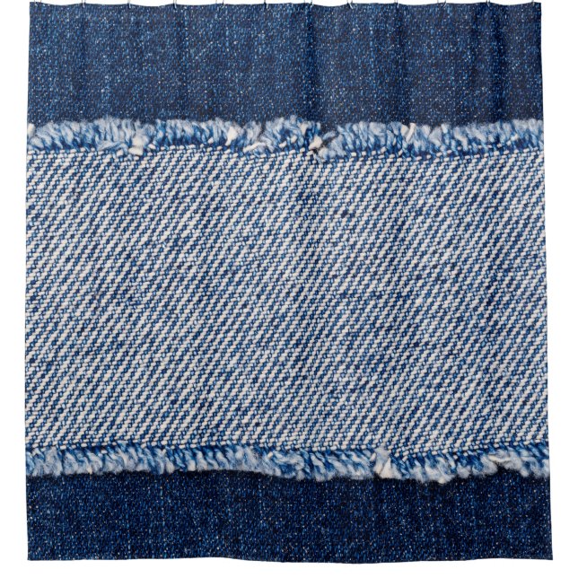 Rideaux De Douche Cadre de jean bleu denim fringé. (Devant)