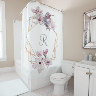 Rideaux De Douche Cadre Or Magnolias Blanches Roses Monogramme