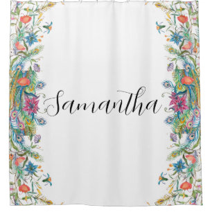 Rideaux De Douche Cadre Peacocs avec fleurs d'aquarelle