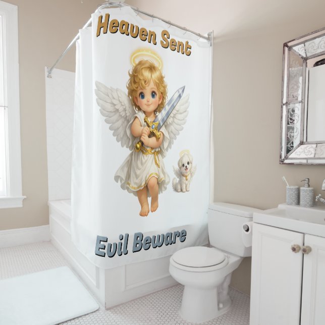Rideaux De Douche Cael et Halo Heaven Sent Evil Beware (En situation)