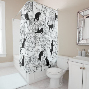 Rideaux De Douche Café Paris Chat Français Noir & Blanc