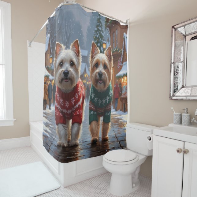 Rideaux De Douche Cairn Terrier Dogs Christmas Snow Holiday  (En situation)