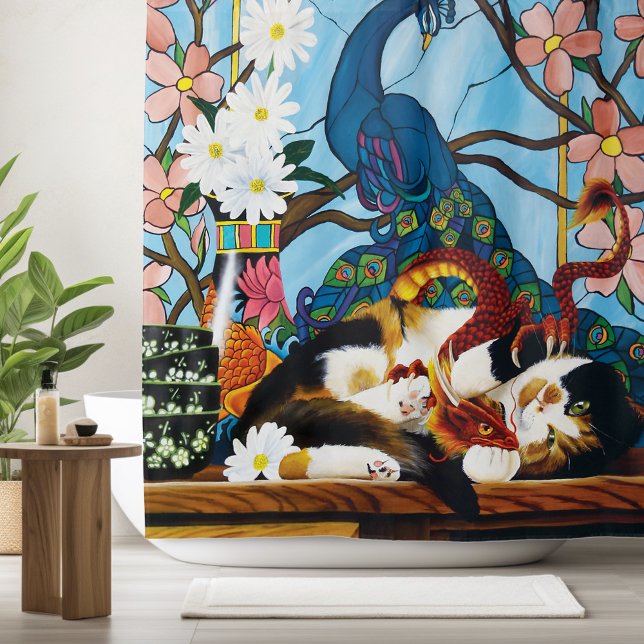 Rideaux De Douche Calico Cat Dragon Rouge (Créateur téléchargé)