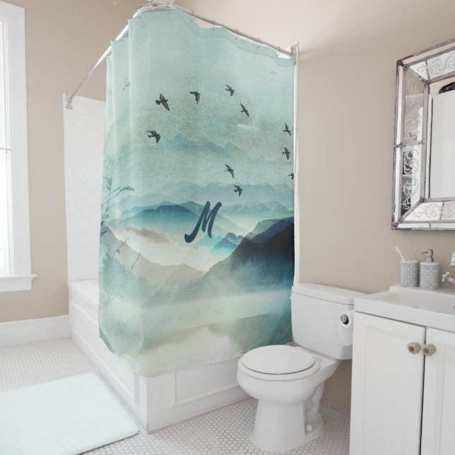 Rideaux De Douche Calme Monogramme Nature Aquarelle paysage de monta (En situation)