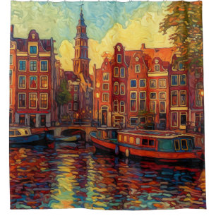 Rideaux De Douche Canal d'Amsterdam à l'heure dorée Impressionnist