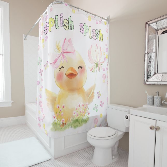 Rideaux De Douche Canard en caoutchouc fille rose mignonne (En situation)