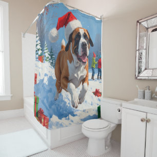 Rideaux De Douche Cane Corso courant dans la neige avec un chapeau d