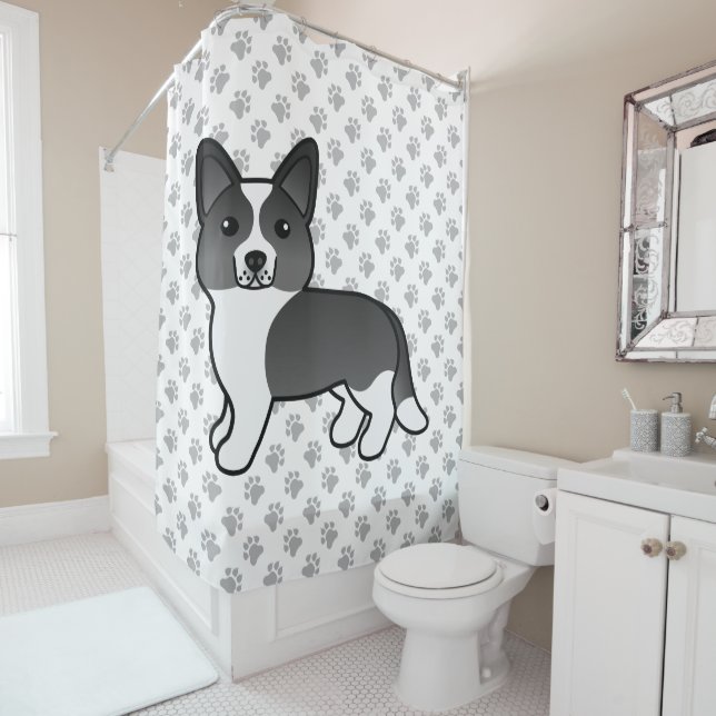 Rideaux De Douche Cardigan noir et blanc Corgi Welsh Cartog (En situation)