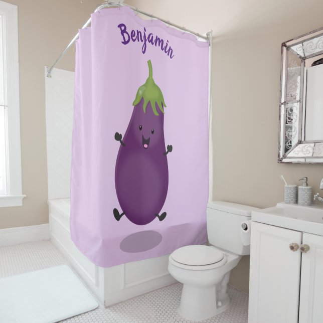 Rideaux De Douche Caricature d'aubergine d'aubergine joliment heureu (En situation)
