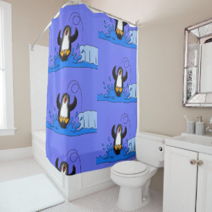 Rideaux De Douche Caricature de manchot joyeux sautant