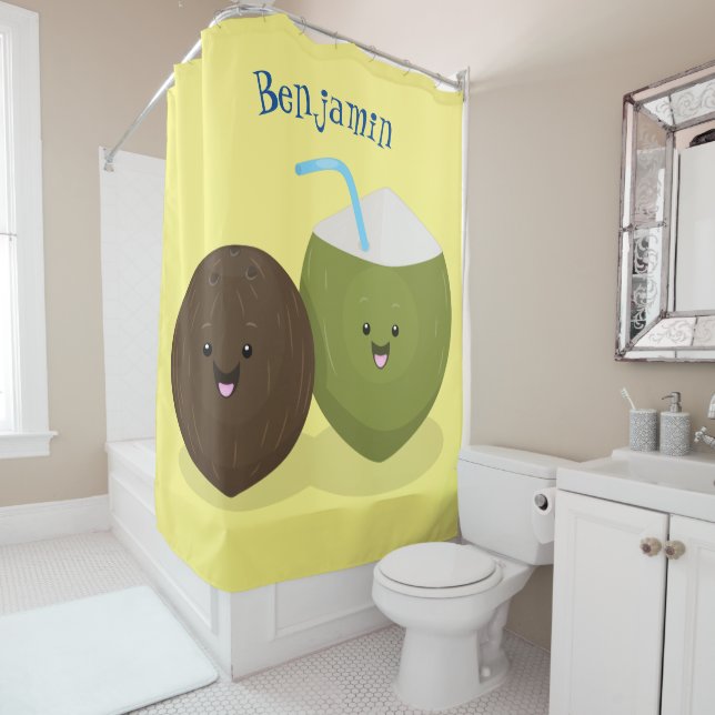 Rideaux De Douche Caricature de noix de coco kawaii joyeux (En situation)