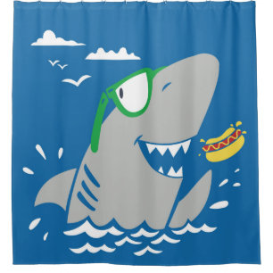 Rideaux De Douche Caricature de requin mignon vintage manger un hot