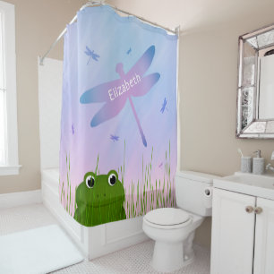 Rideaux De Douche caricature grenouille regarder sur l'herbe dragonf