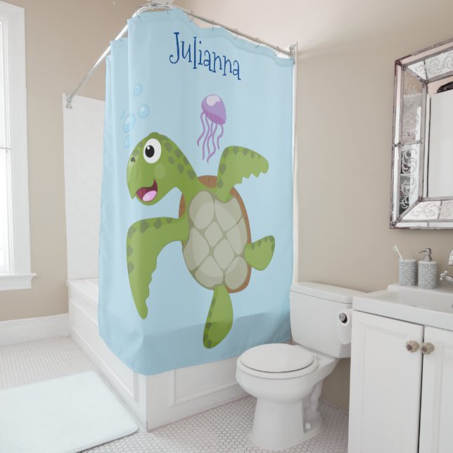 Rideaux De Douche Caricature joyeuse de tortue de mer verte mignonne (En situation)