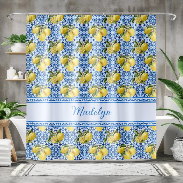 Rideaux De Douche Carreau bleu blanc Motif citron Méditerranée Nom (Créateur téléchargé)