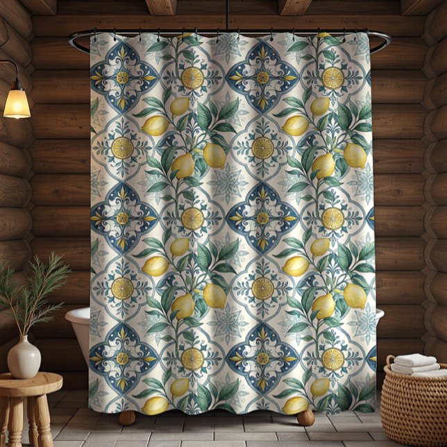 Rideaux De Douche Carreau bleu motif français de citron (Créateur téléchargé)