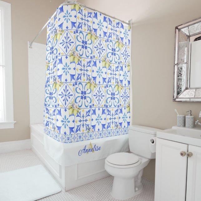 Rideaux De Douche Carreau bleu motif français de citron monogramme (En situation)