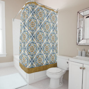 Rideaux De Douche Carreau de style Vietri Talavera Azulejo or bleu o