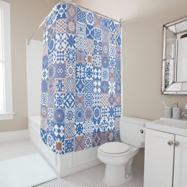 Rideaux De Douche carreau marocain bleu,marron (En situation)
